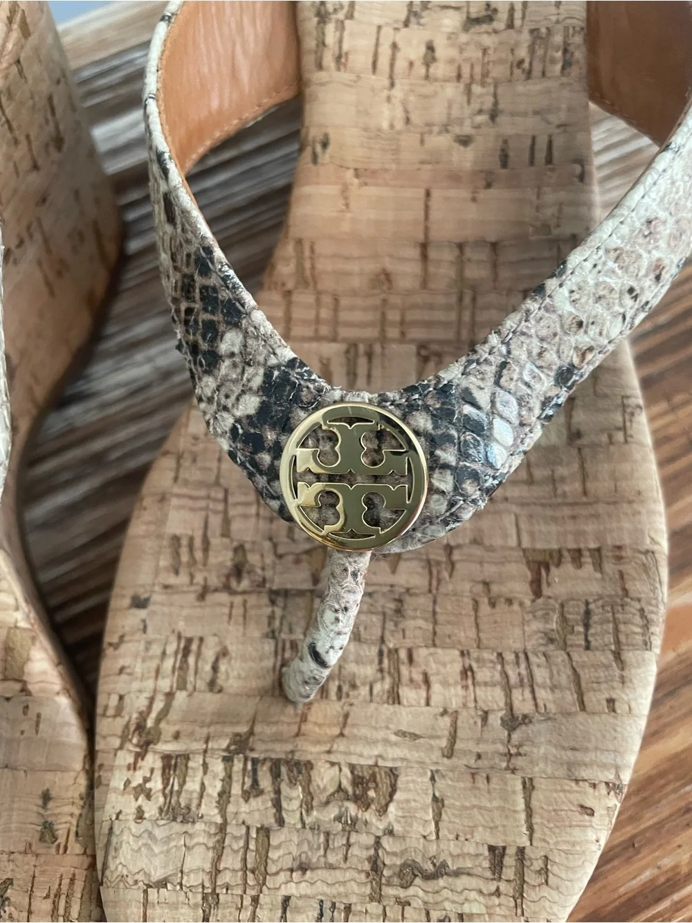 Tory Burch Cork Wedge Sandals with Snake-Print Straps and Gold Logo